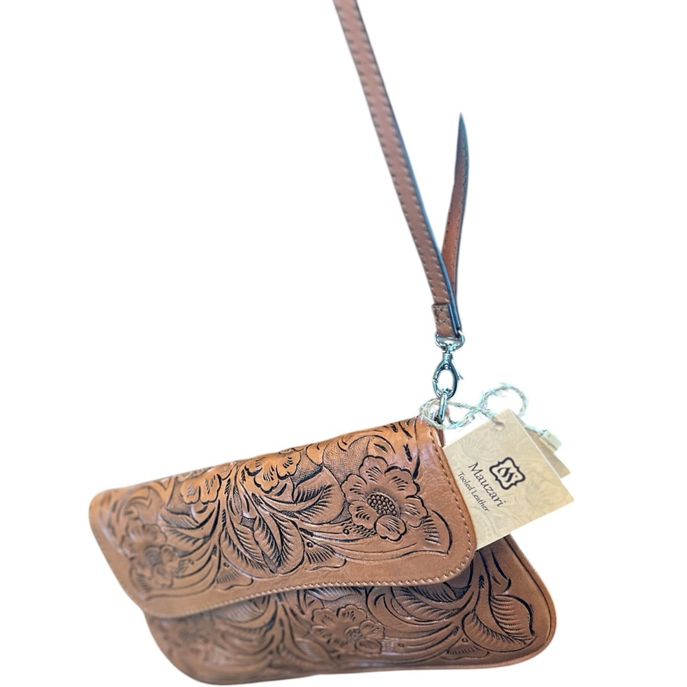Brown Leather Floral Embossed Clutch by Mauzari